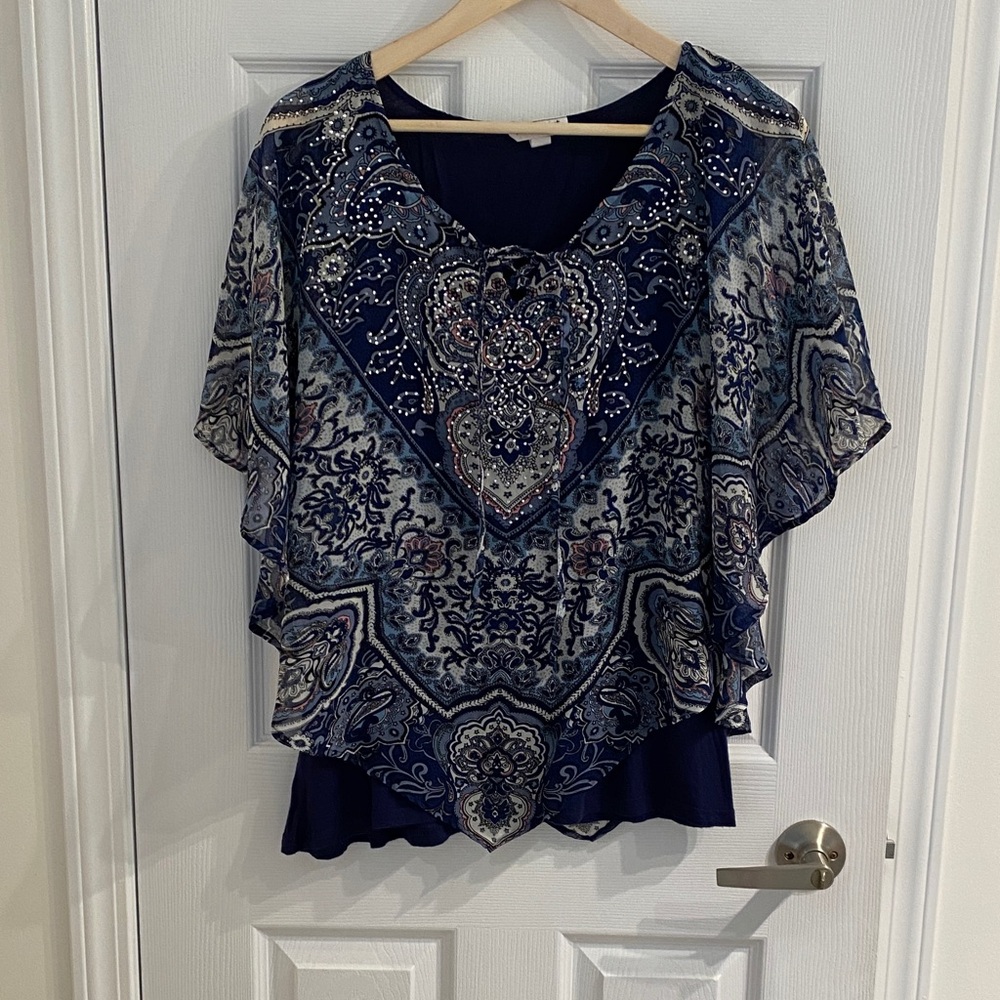 Westport Women's Navy and Gray Paisley Blouse with rhinestones XL